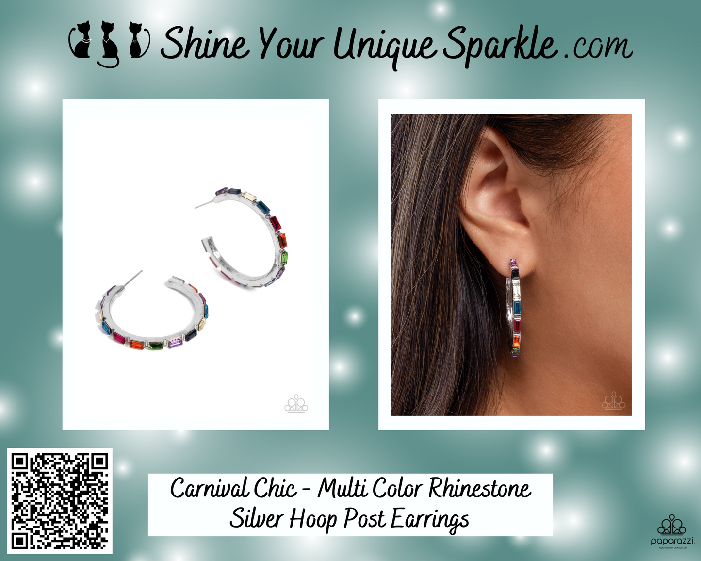 Carnival Chic - Multi Color Rhinestone Silver Hoop Post Earrings