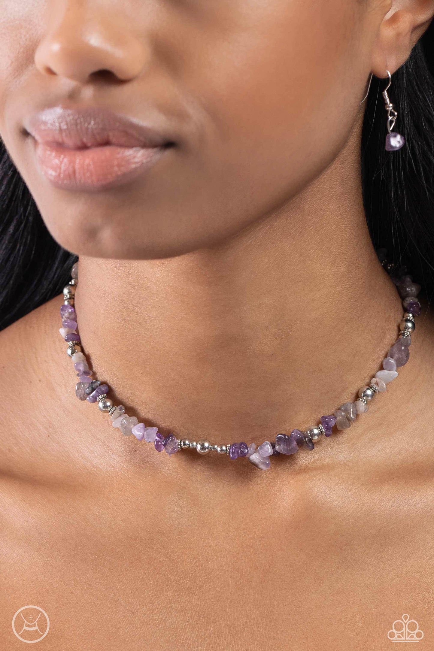 Carved Confidence - Purple Amethyst Stone and Silver Beads, Silver Choker Necklace