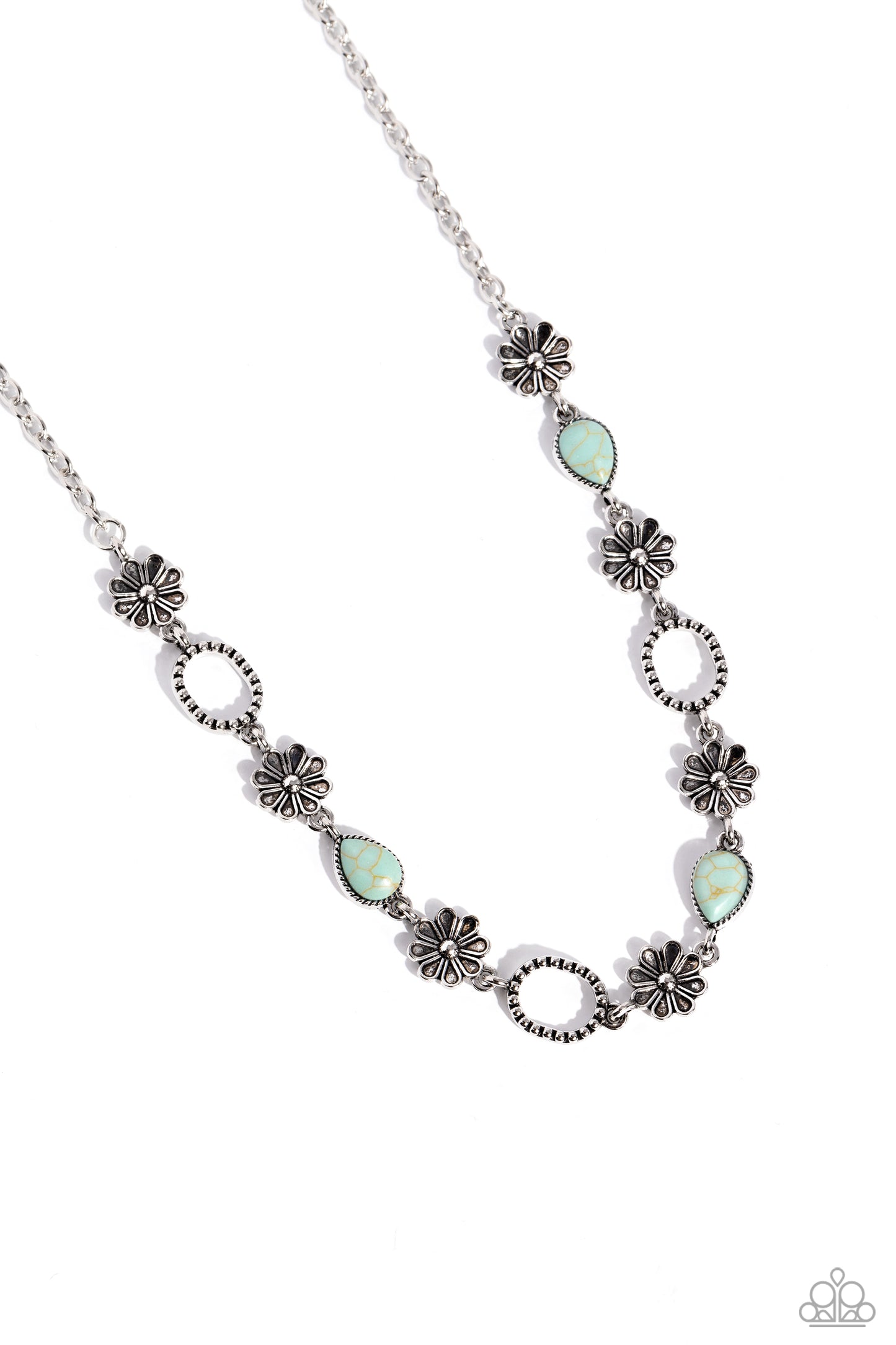 PERFECT MATCH / SET: Casablanca Chic - Blue Crackled Stone and Floral Charms, Silver Short Necklace AND Casablanca Craze - Blue Crackled Stone and Floral Charms, Silver Clasp Bracelet