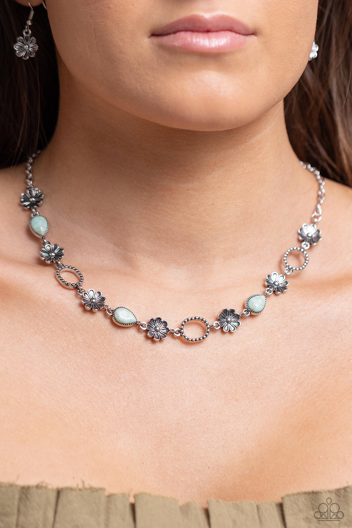 PERFECT MATCH / SET: Casablanca Chic - Blue Crackled Stone and Floral Charms, Silver Short Necklace AND Casablanca Craze - Blue Crackled Stone and Floral Charms, Silver Clasp Bracelet