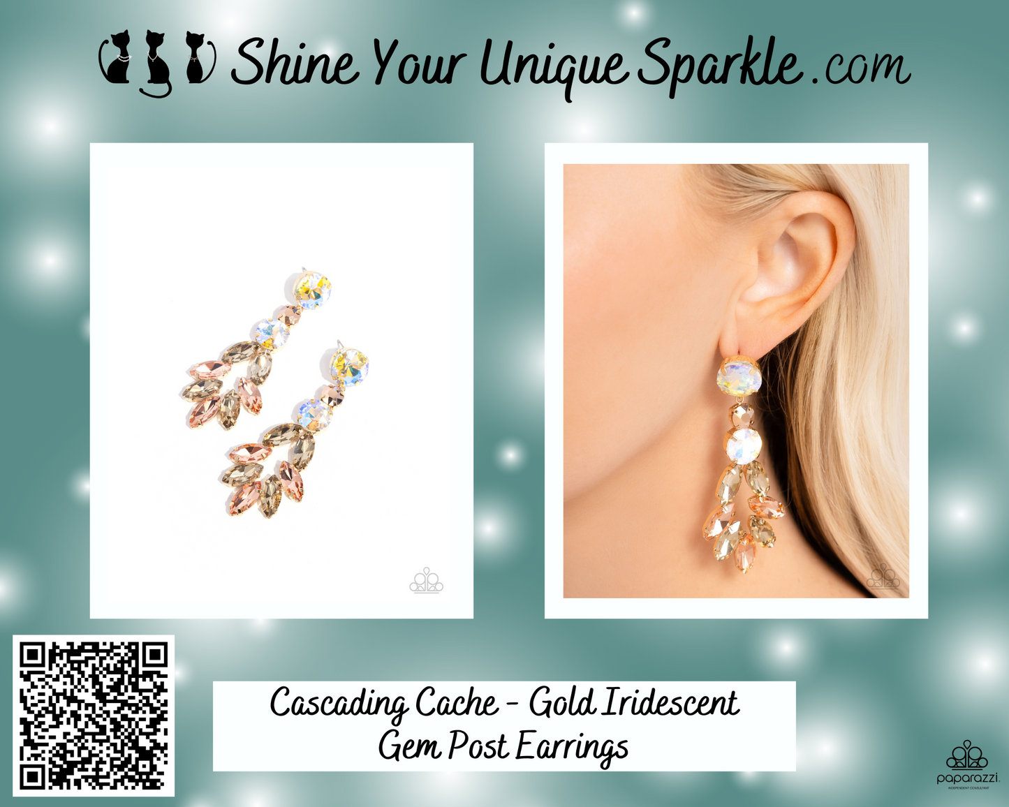 Cascading Cache - Gold Iridescent Gem Post Earrings