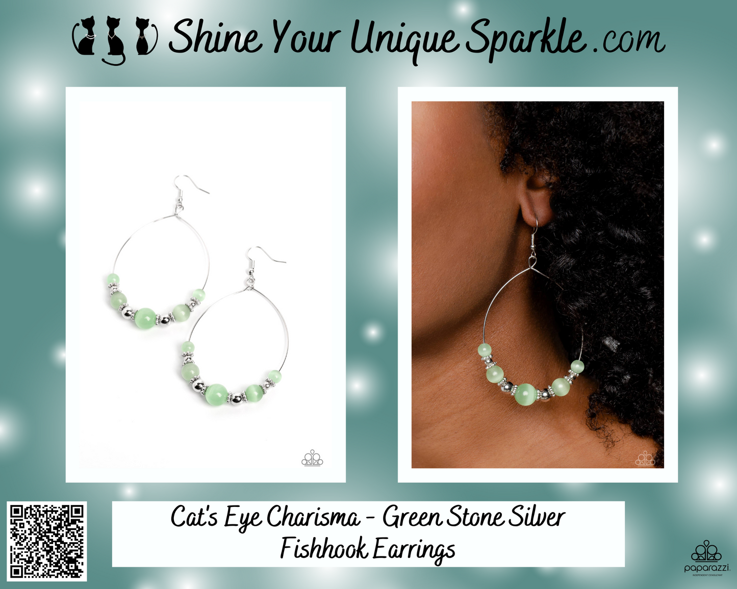 Cat's Eye Charisma - Green Stone Silver Fishhook Earrings