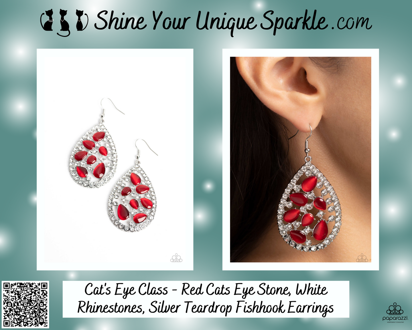 Cat's Eye Class - Red Cats Eye Stone, White Rhinestones, Silver Teardrop Fishhook Earrings