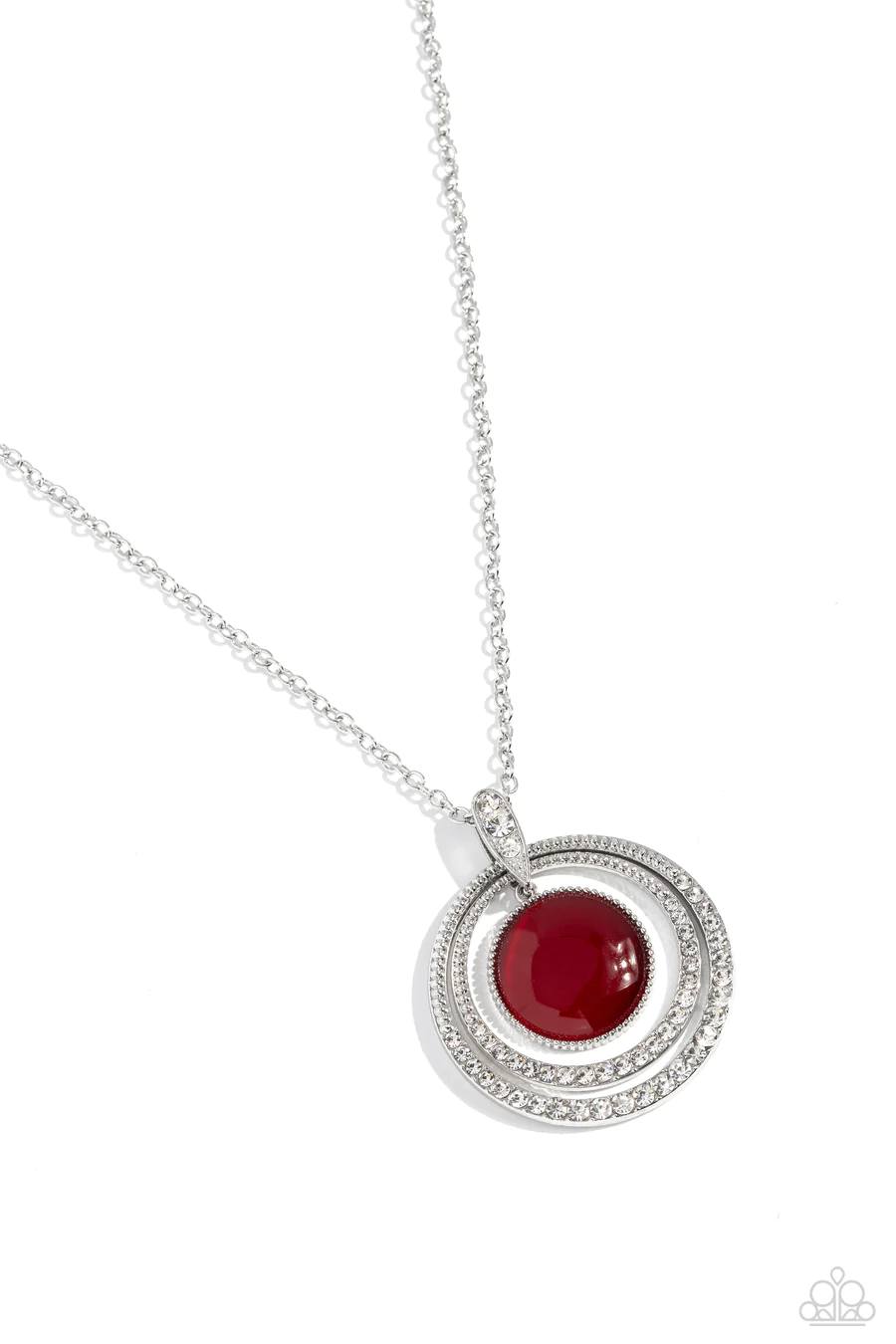 Cat's Eye Couture - Red Cat's Eye Stone with White Rhinestones Pendant, Silver Long Necklace