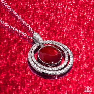 Cat's Eye Couture - Red Cat's Eye Stone with White Rhinestones Pendant, Silver Long Necklace
