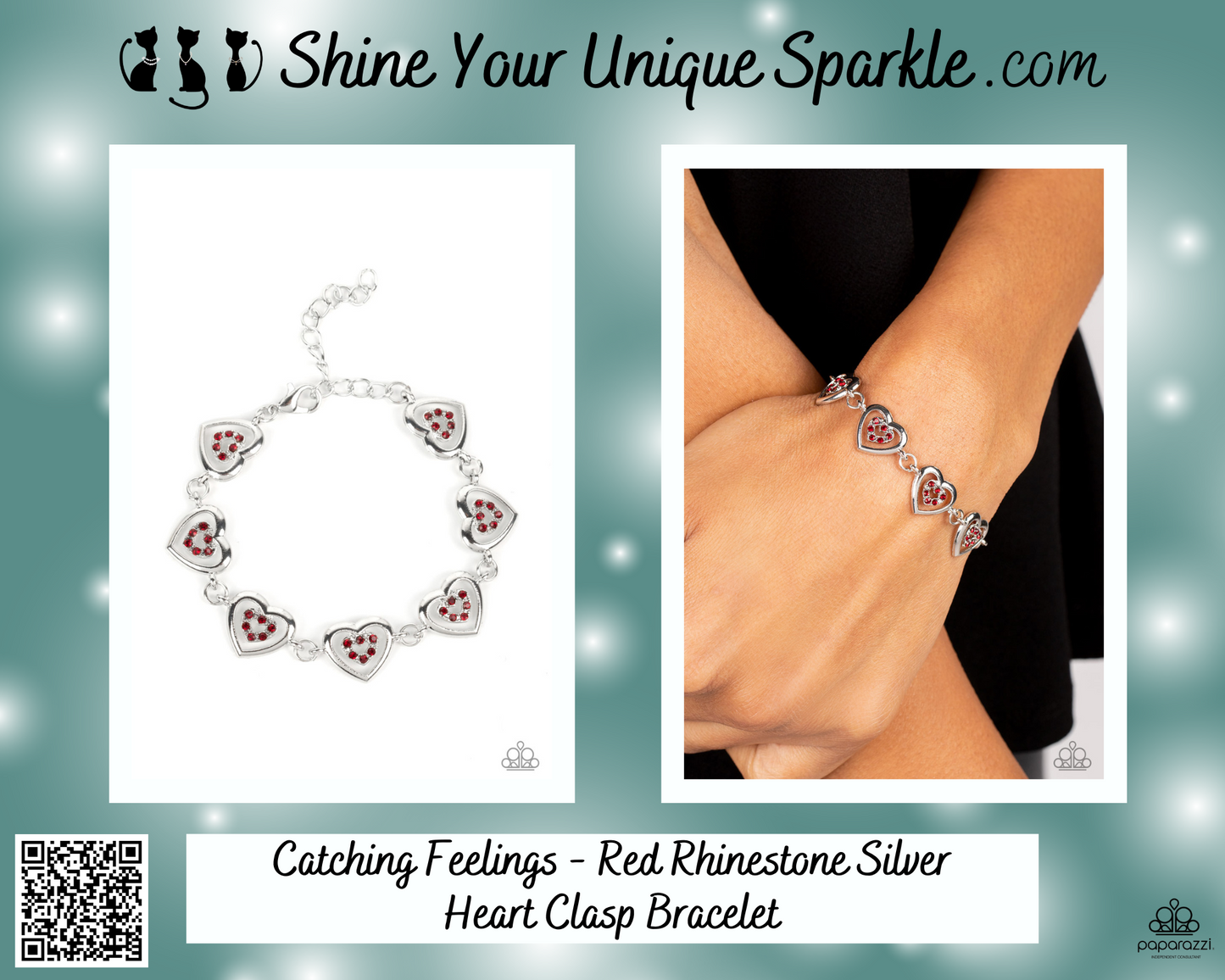 Catching Feelings - Red Rhinestone Silver Heart Clasp Bracelet