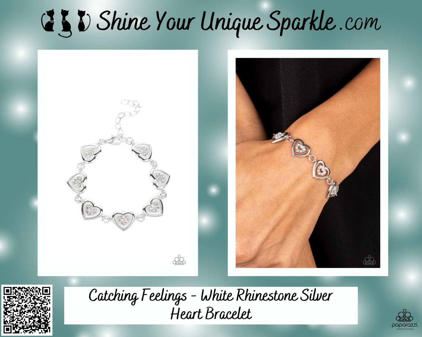 Catching Feelings - White Rhinestone Silver Heart Clasp Bracelet