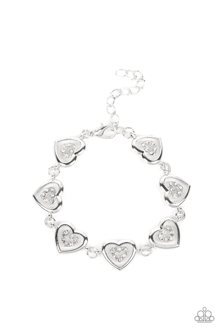 Catching Feelings - White Rhinestone Silver Heart Clasp Bracelet