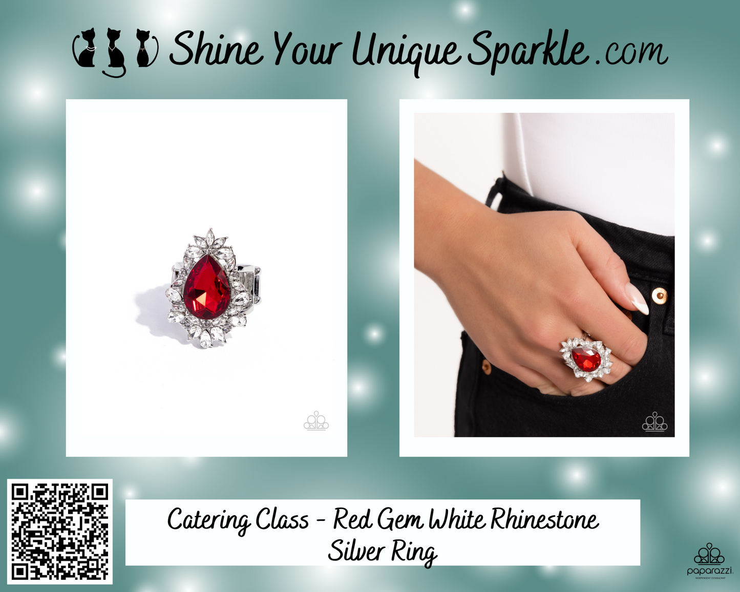 Catering Class - Red Gem White Rhinestone Silver Ring