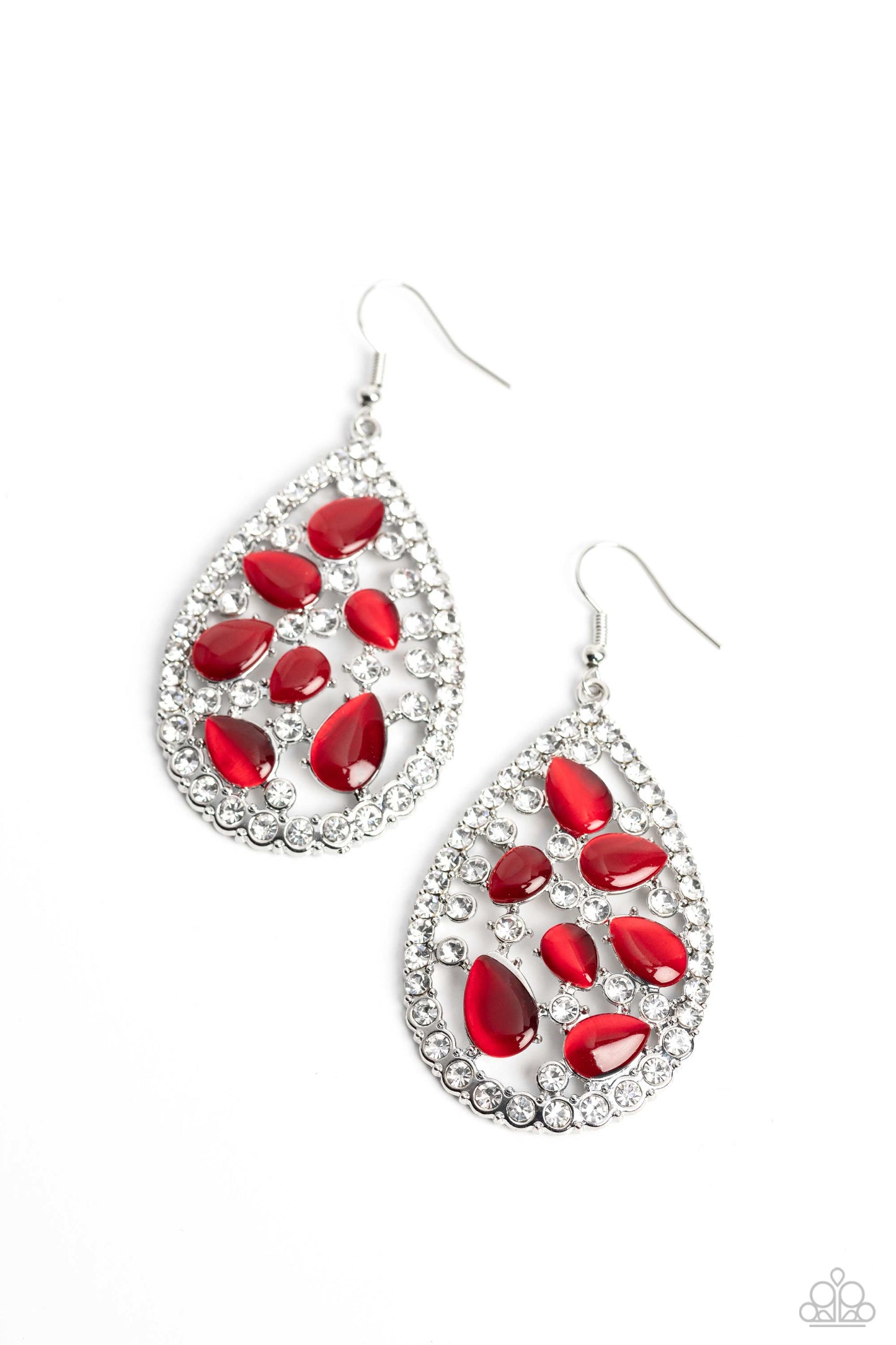 Cat's Eye Class - Red Cats Eye Stone, White Rhinestones, Silver Teardrop Fishhook Earrings