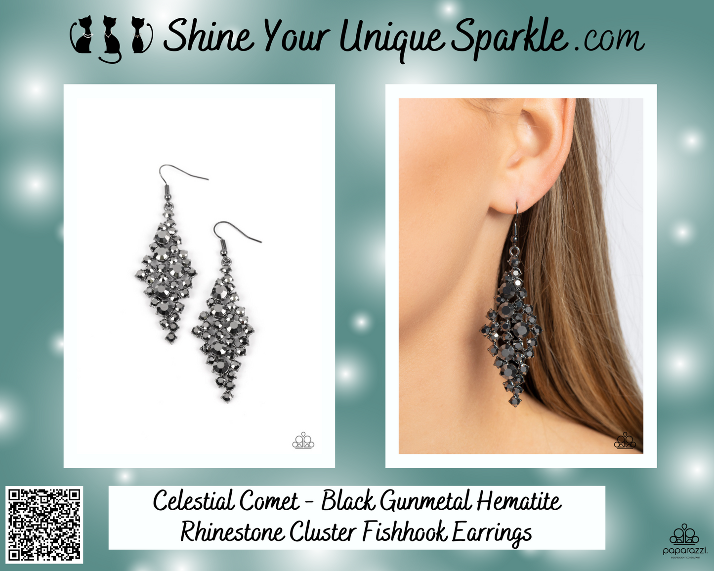 Celestial Comet - Black Gunmetal Hematite Rhinestone Cluster Fishhook Earrings