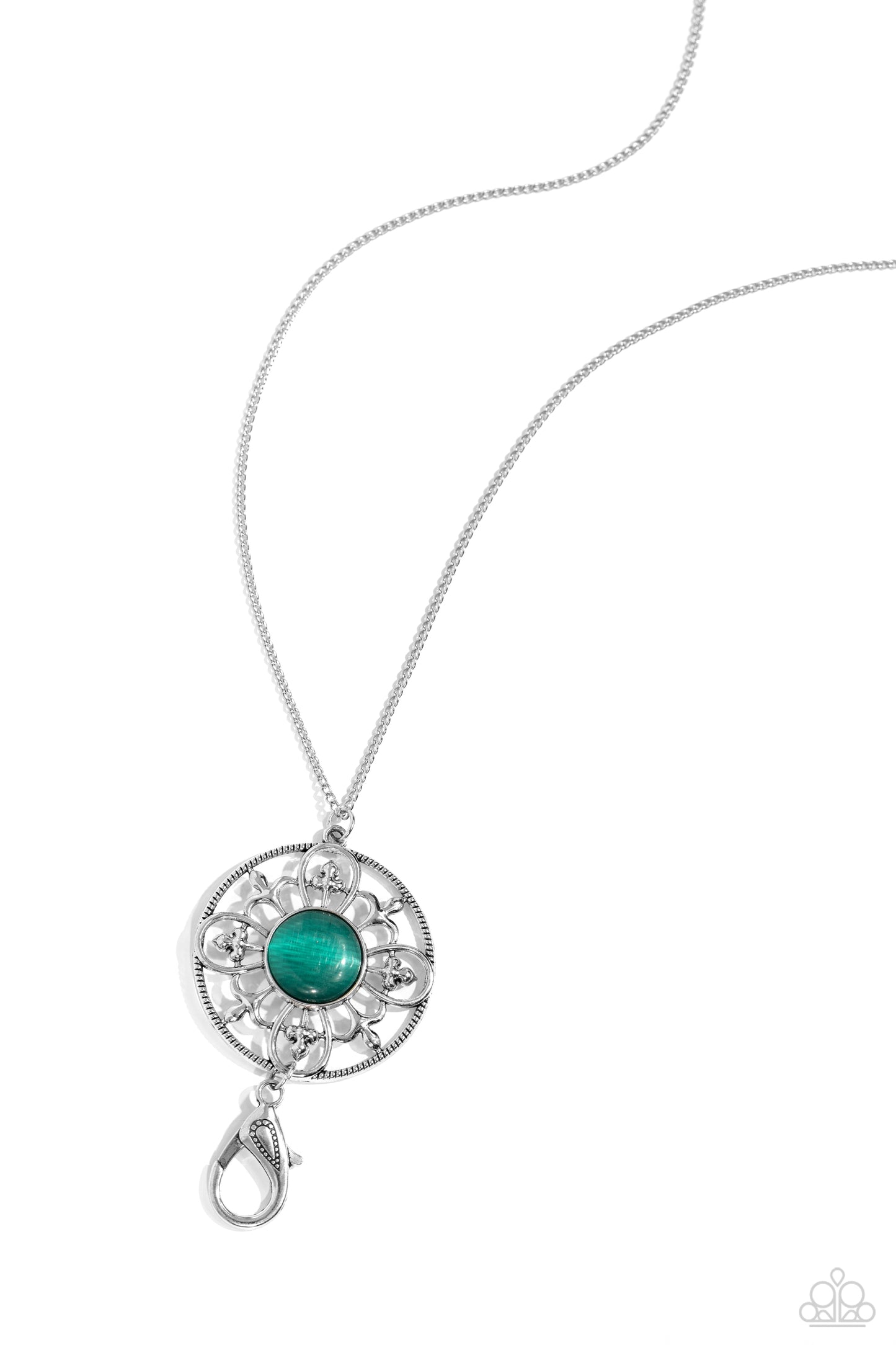 Celestial Compass - Green Cat's Eye Stone Silver Long Lanyard