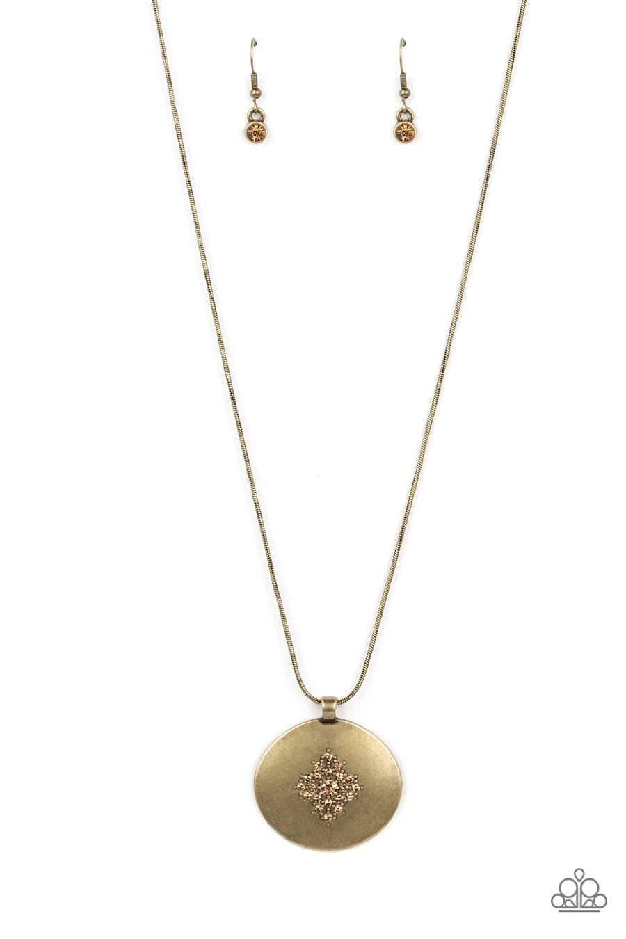 Center of the Cosmos - Brass Disc Topaz Rhinestone Pendant Short Necklace