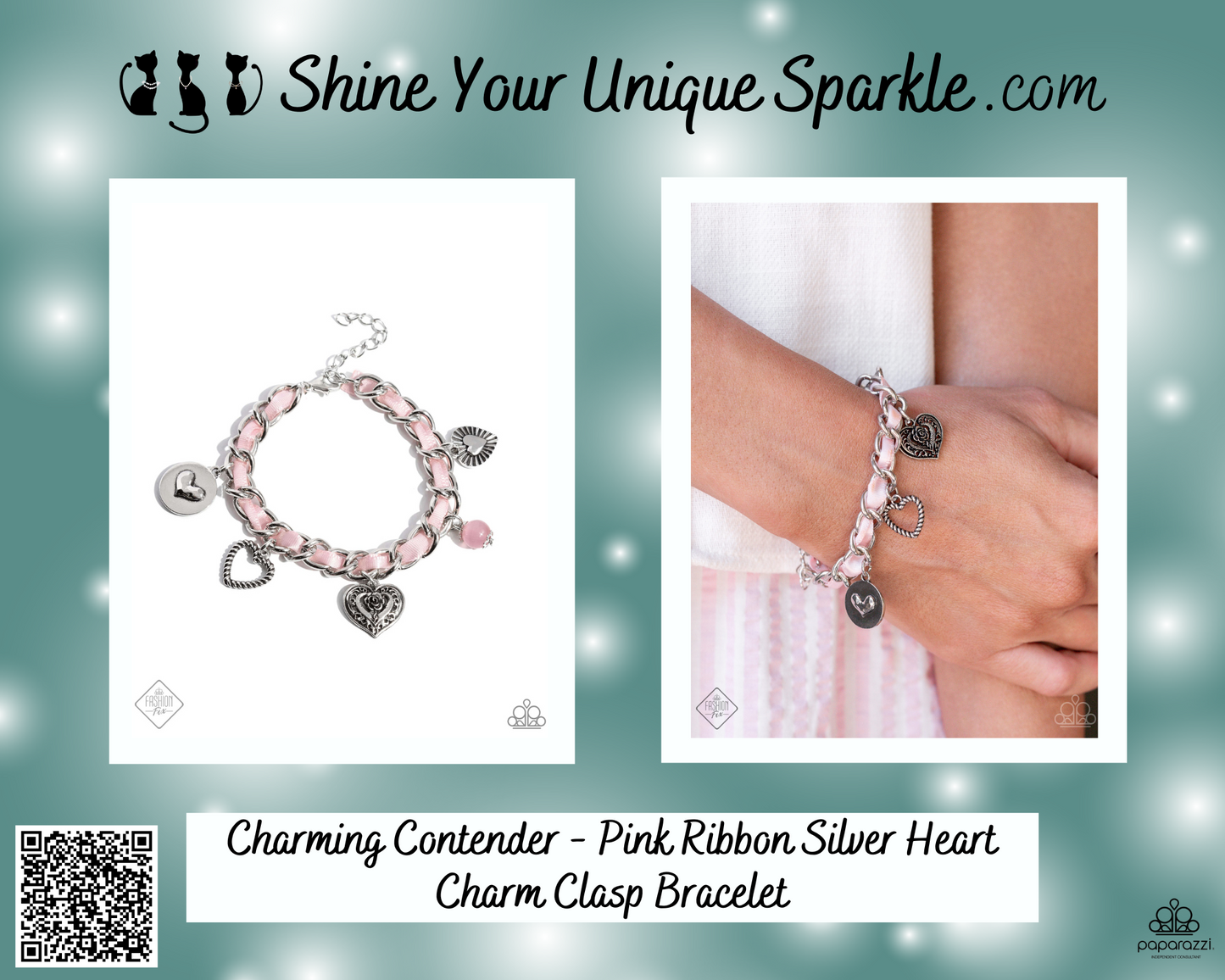 Charming Contender - Pink Ribbon Silver Heart Charm Clasp Bracelet - Fashion Fix