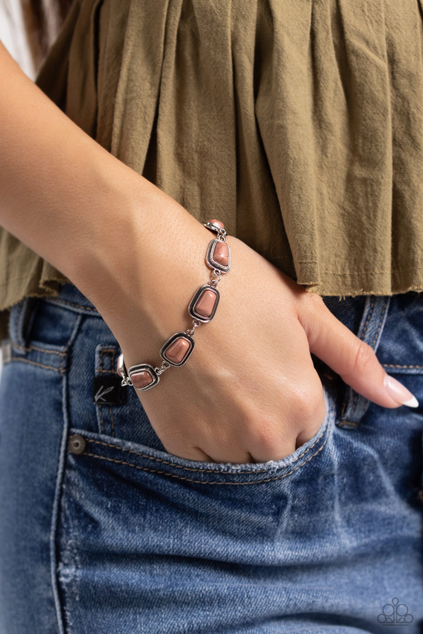 PERFECT MATCH / SET: Southern Safari - Brown Crackle Stone Silver Short Necklace AND Chasing Canyons - Brown Crackle Stone Silver Clasp Bracelet