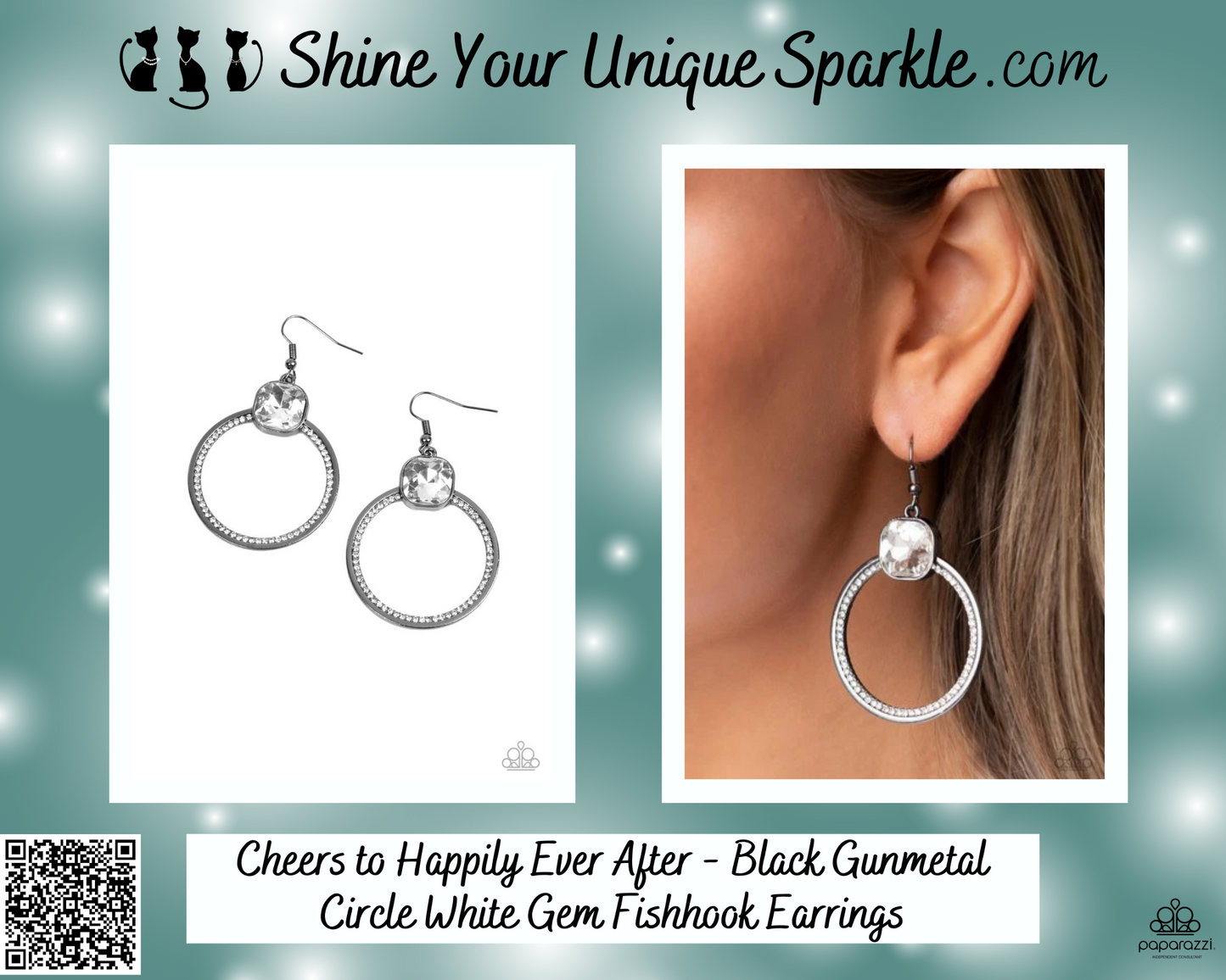 Cheers to Happily Ever After - Black Gunmetal Circle White Gem Fishhook Earrings