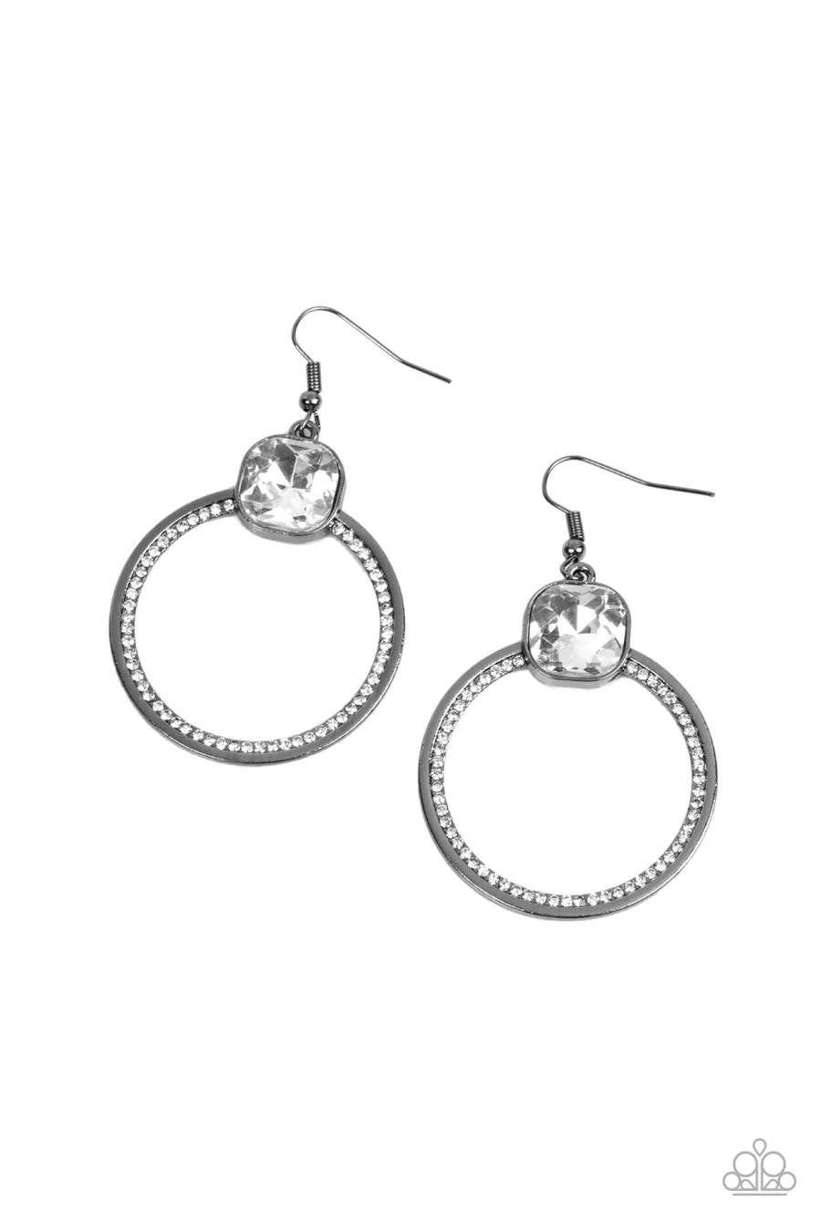Cheers to Happily Ever After - Black Gunmetal Circle White Gem Fishhook Earrings