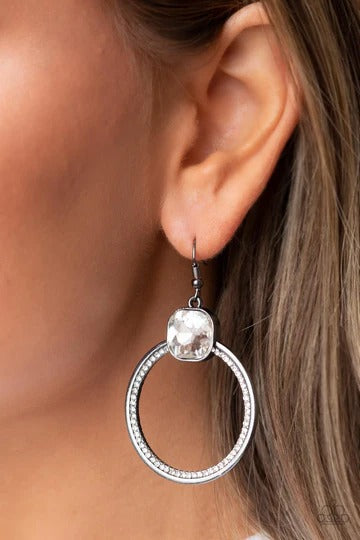 Cheers to Happily Ever After - Black Gunmetal Circle White Gem Fishhook Earrings