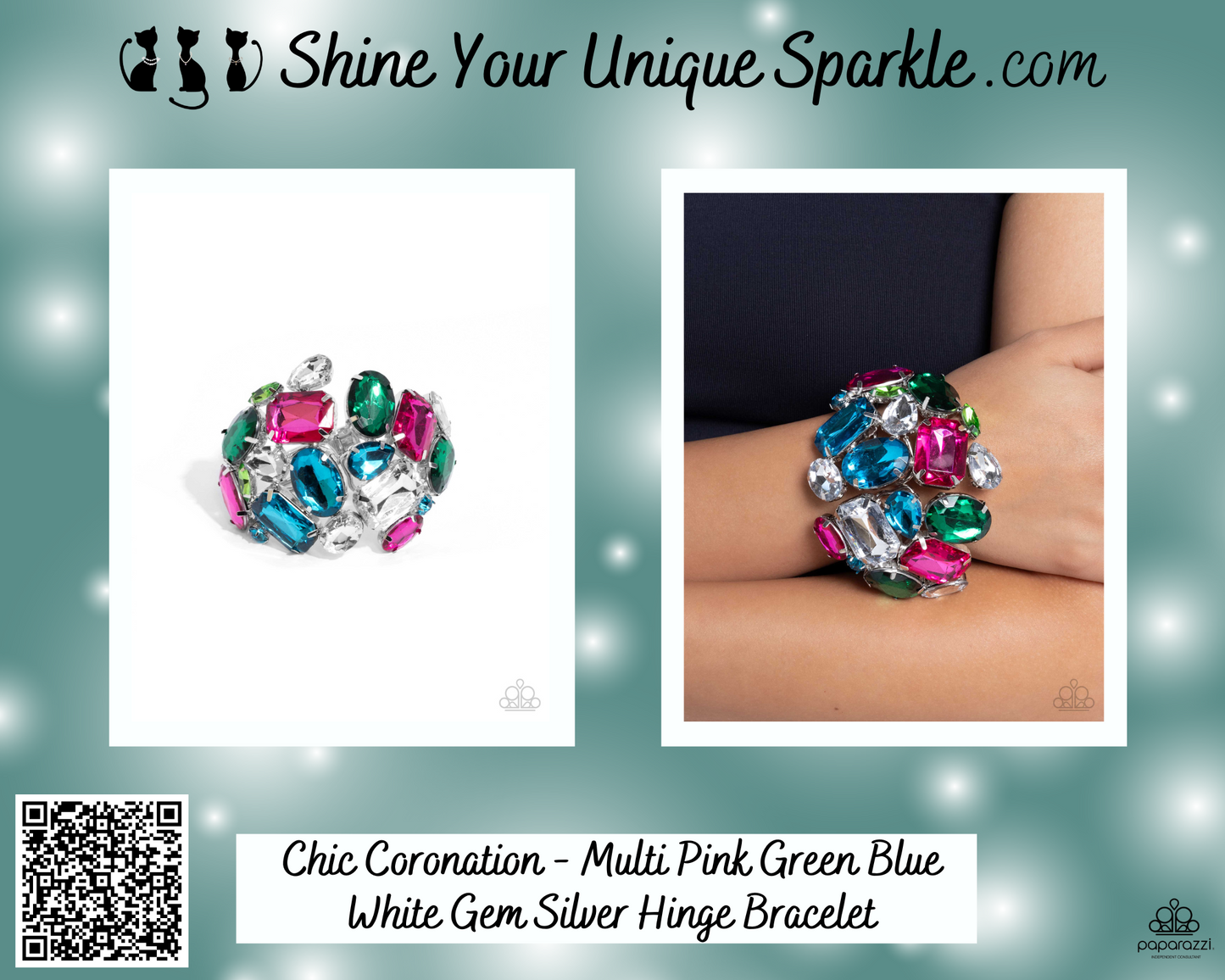 Chic Coronation - Multi Pink Green Blue White Gem Silver Hinge Bracelet