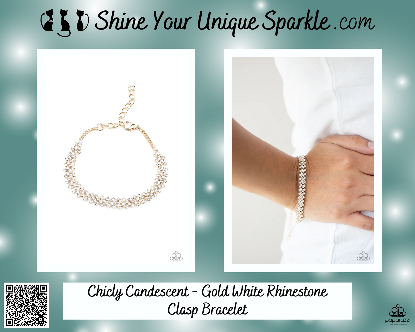 Chicly Candescent - Gold White Rhinestone Clasp Bracelet