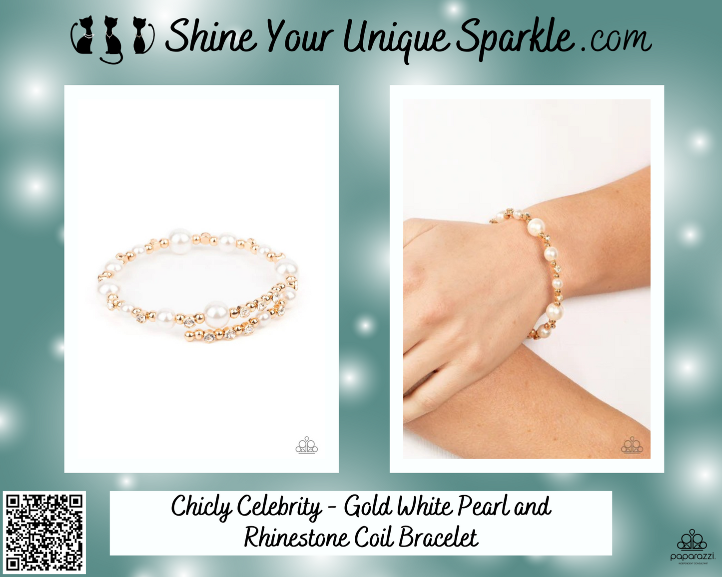 Chicly Celebrity - Gold White Pearl and Rhinestone Coil Bracelet