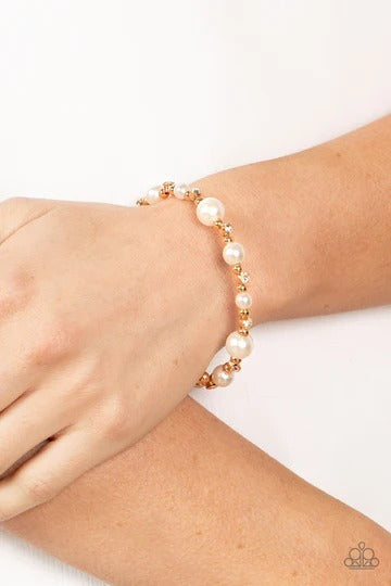 Chicly Celebrity - Gold White Pearl and Rhinestone Coil Bracelet