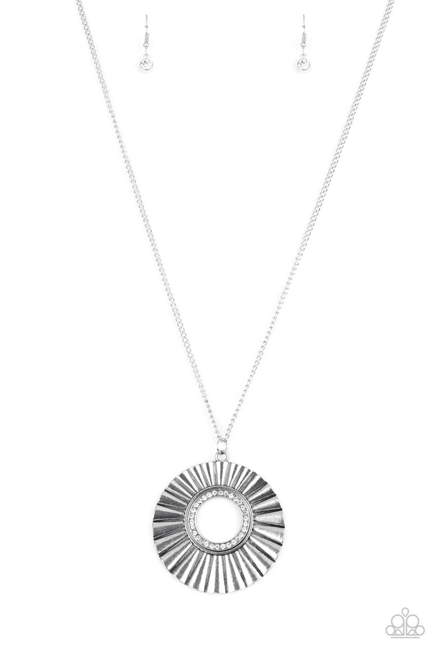 Chicly Centered - White Rhinestone Silver Circle Pendant Long Necklace