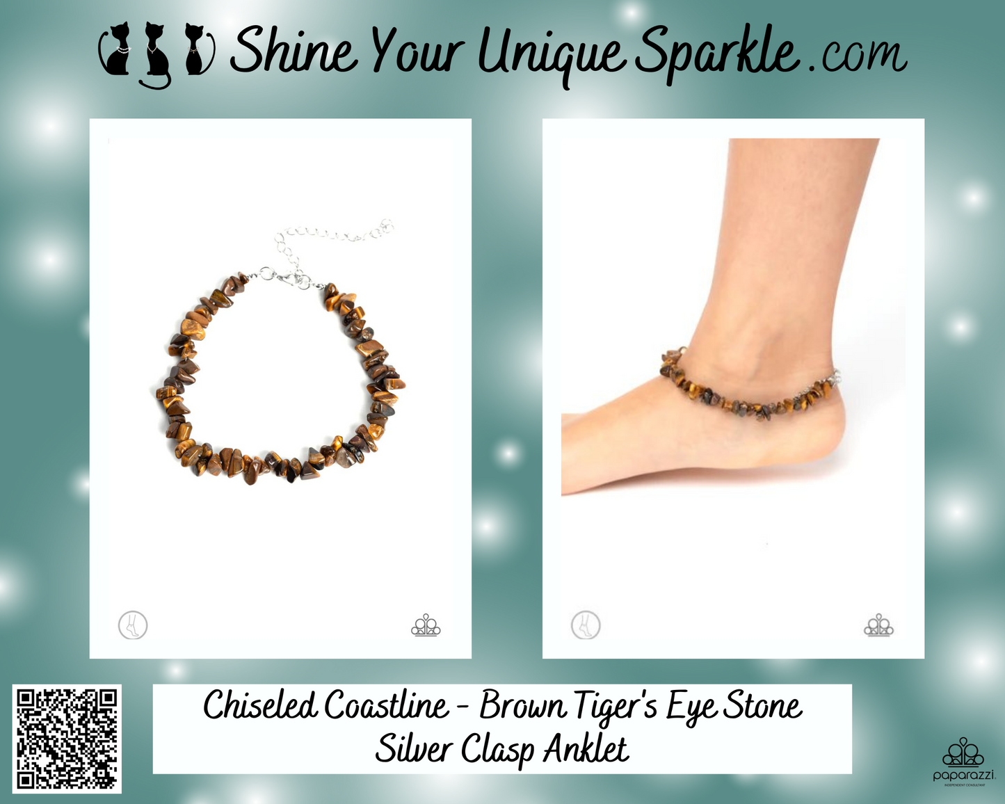 Chiseled Coastline - Brown Tiger's Eye Stone Silver Anklet