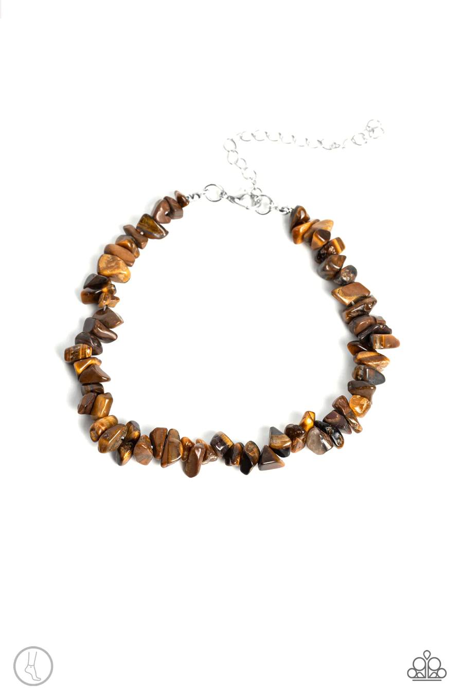 Chiseled Coastline - Brown Tiger's Eye Stone Silver Anklet
