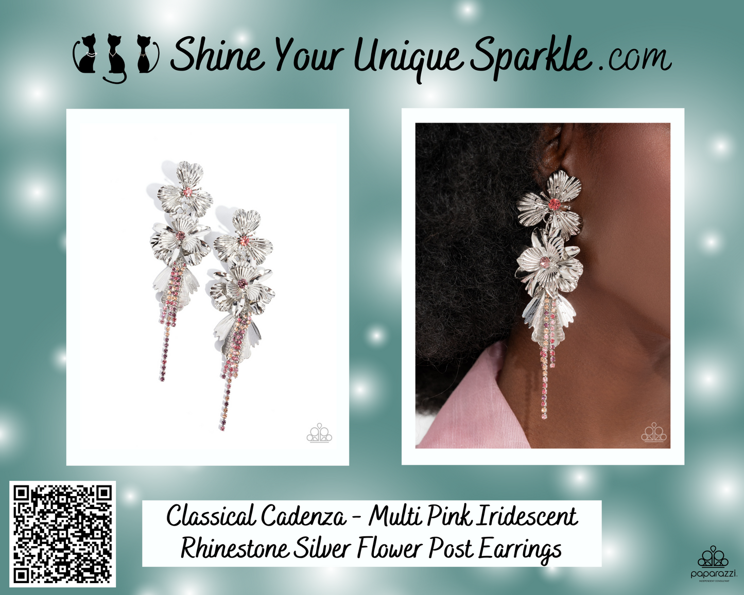 Classical Cadenza - Multi Pink Iridescent Rhinestone Silver Flower Post Earrings - Life of the Party