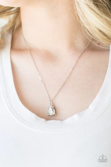 Classy Classicist - White Rhinestone Dainty Pendant Silver Short Necklace