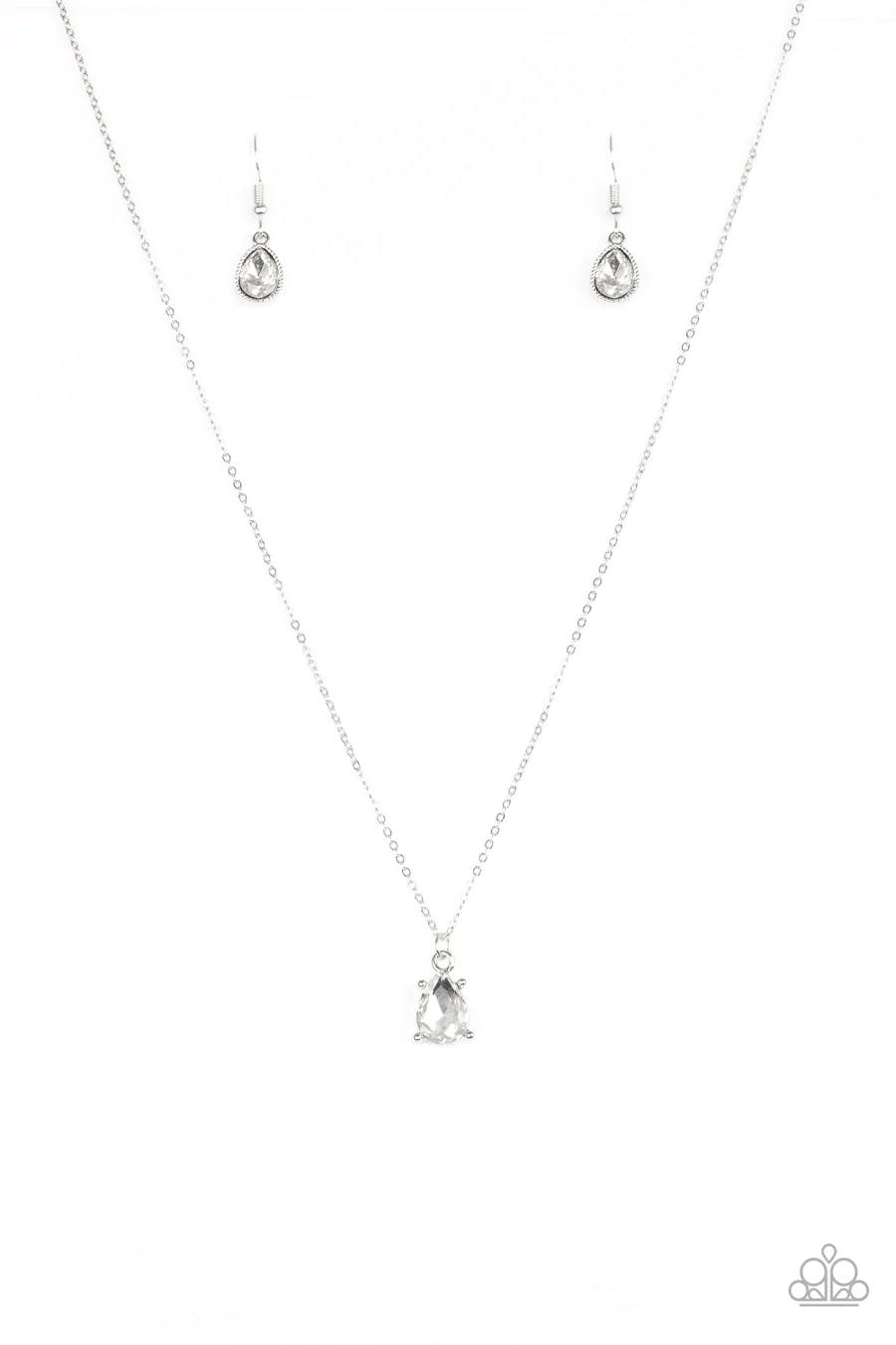 Classy Classicist - White Rhinestone Dainty Pendant Silver Short Necklace