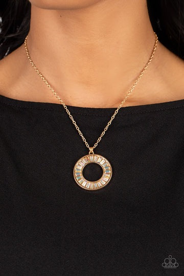 Clique Couture - Gold Iridescent Rhinestone Circle Pendant Short Necklace