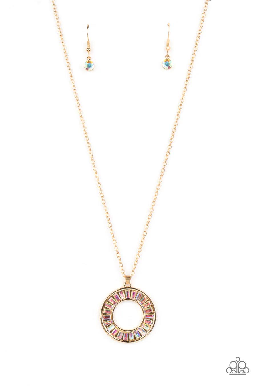 Clique Couture - Gold Iridescent Rhinestone Circle Pendant Short Necklace