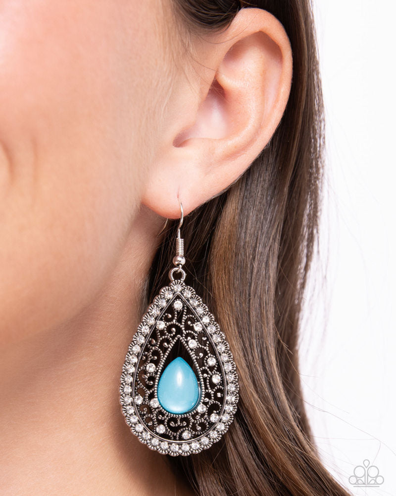 Cloud Nine Couture - Blue Turquoise Teardrop Acrylic Bead White Rhinestones Silver Fishhook Earrings