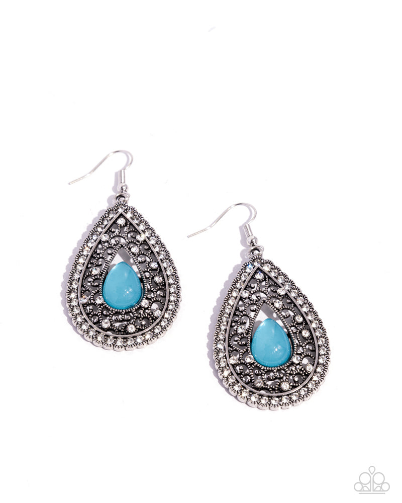 Cloud Nine Couture - Blue Turquoise Teardrop Acrylic Bead White Rhinestones Silver Fishhook Earrings