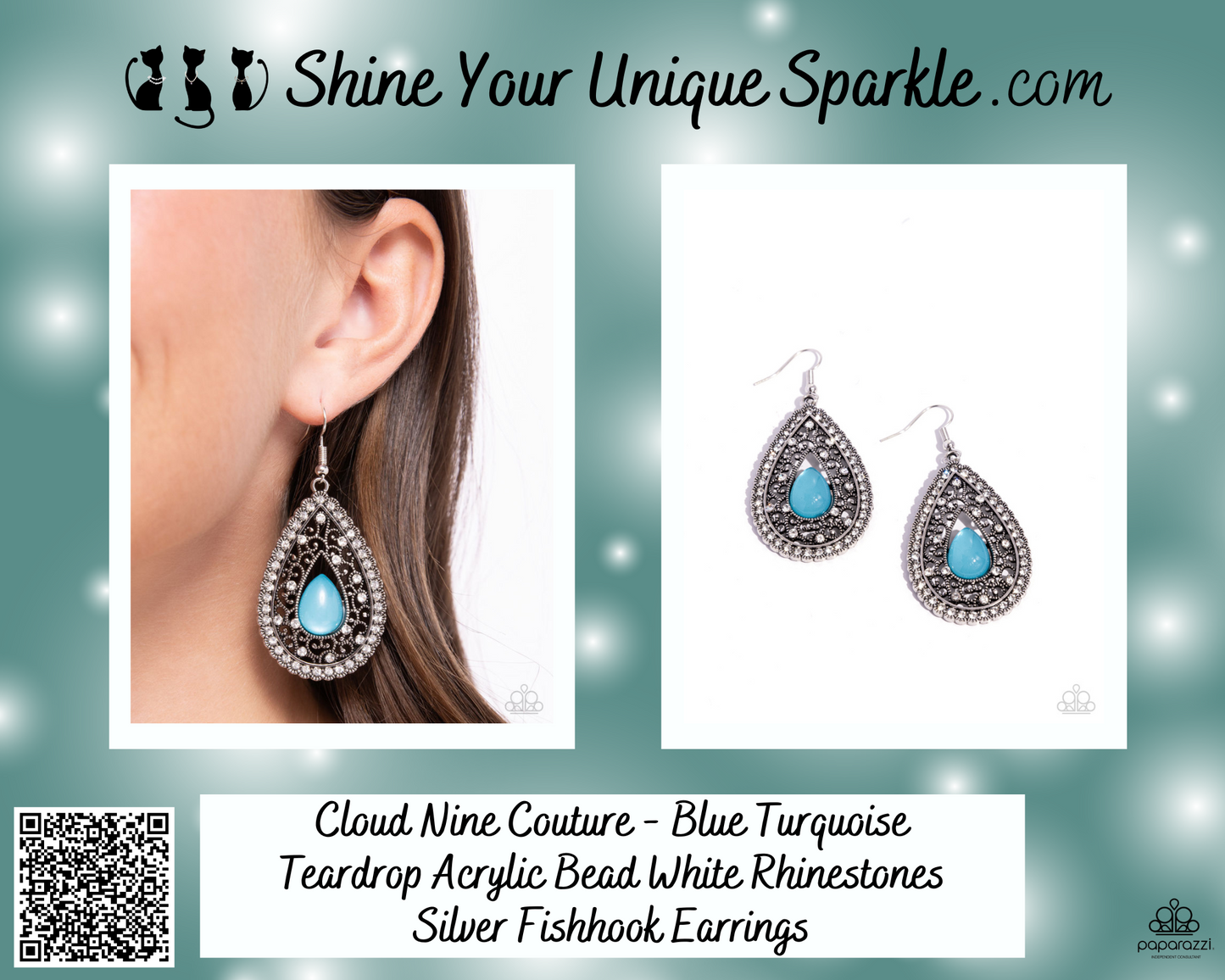 Cloud Nine Couture - Blue Turquoise Teardrop Acrylic Bead White Rhinestones Silver Fishhook Earrings