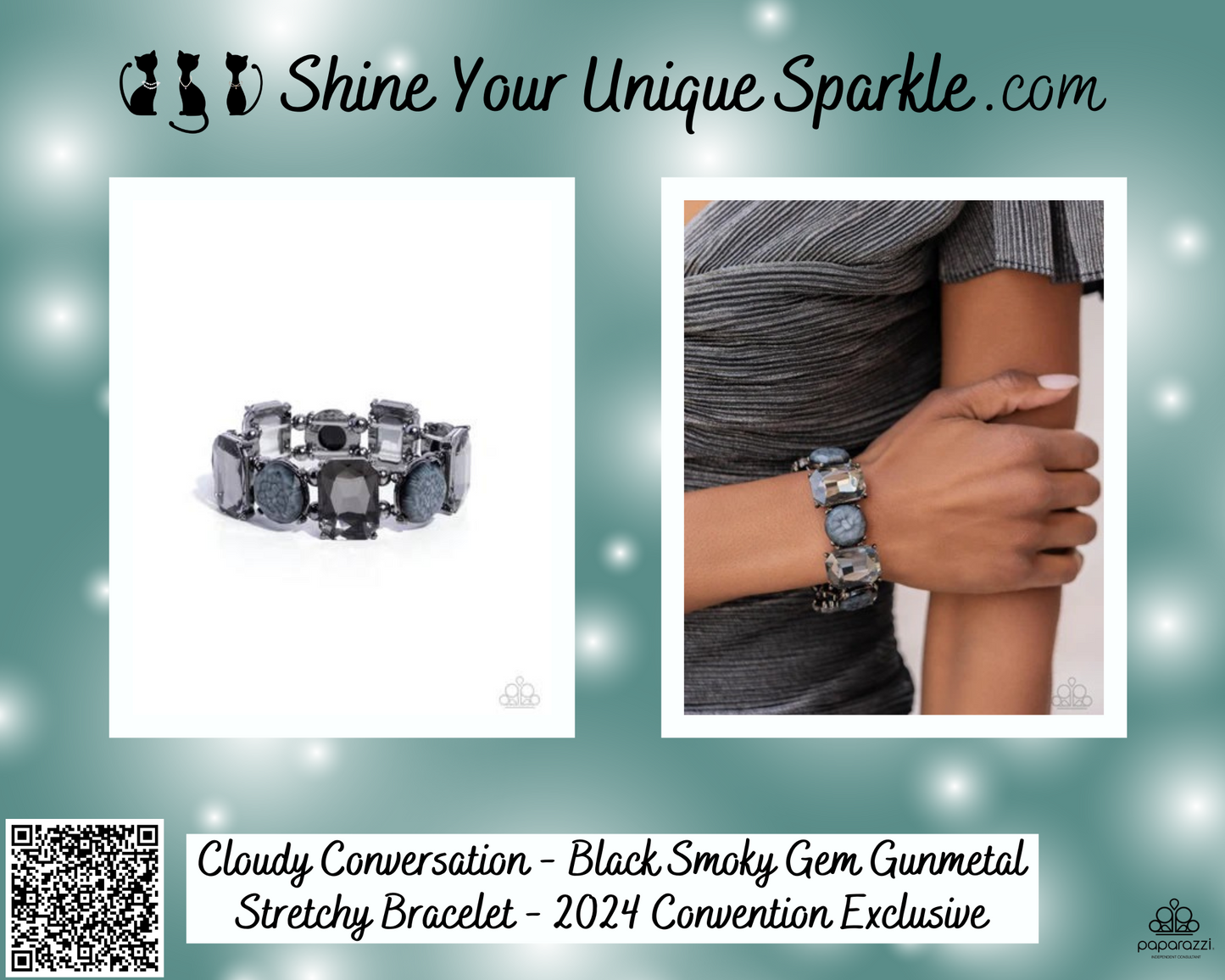 Cloudy Conversation - Black Smoky Gem Gunmetal Stretchy Bracelet - 2024 Convention Exclusive