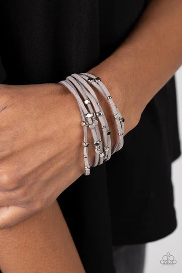 Clustered Constellations - Gray Suede Cord Silver Bead Magnet Bracelet