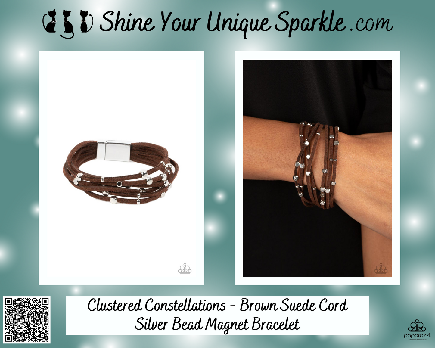 Clustered Constellations - Brown Suede Cord Silver Bead Magnet Bracelet