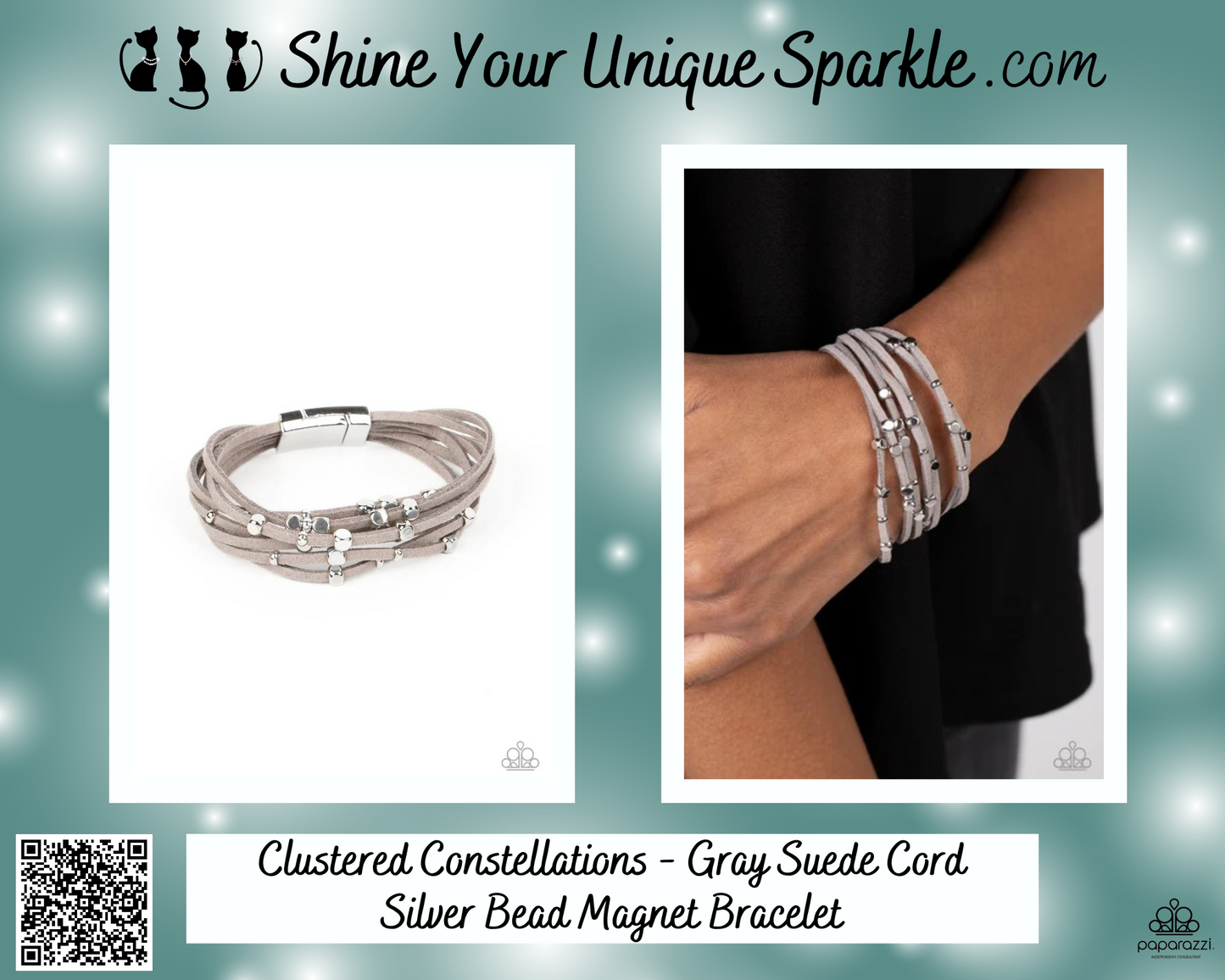 Clustered Constellations - Gray Suede Cord Silver Bead Magnet Bracelet