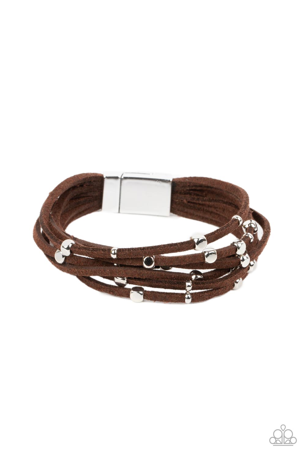 Clustered Constellations - Brown Suede Cord Silver Bead Magnet Bracelet
