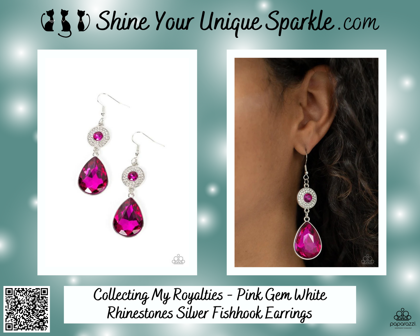 Collecting My Royalties - Pink Gem White Rhinestones Silver Fishhook Earrings