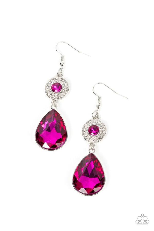 Collecting My Royalties - Pink Gem White Rhinestones Silver Fishhook Earrings
