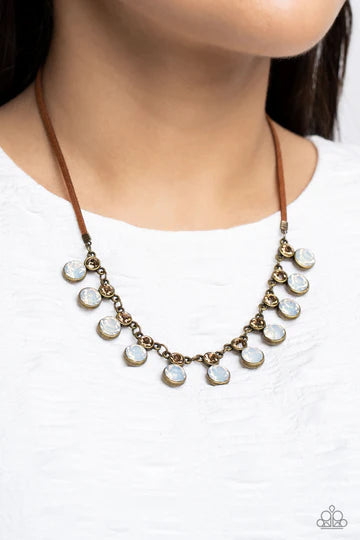 Color Me CHIC - Brass with Opalescent Gem Brown Cord Short Necklace