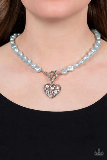 Color Me Smitten - Blue Pearl Rhinestone Heart Toggle Necklace