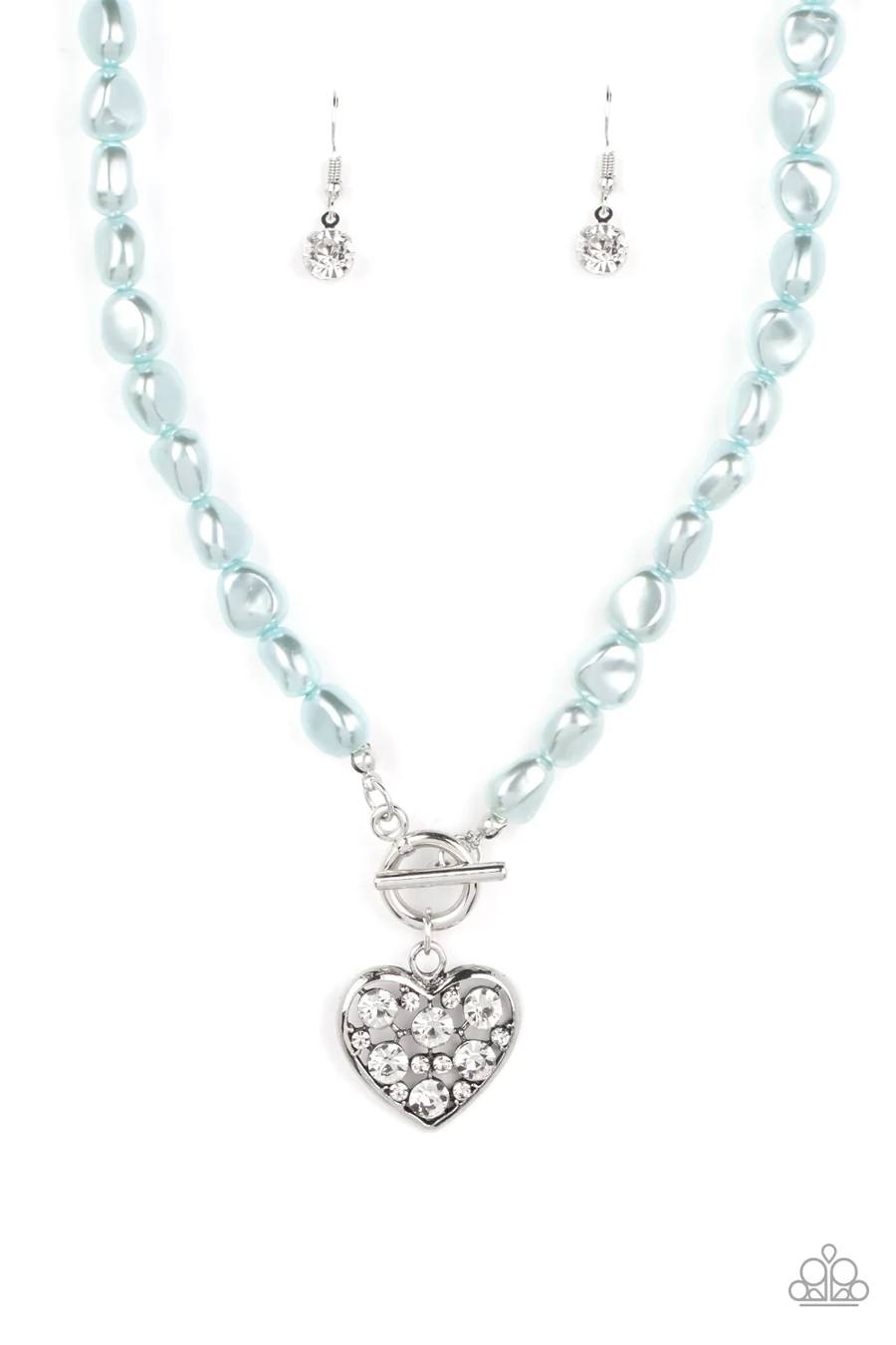 Color Me Smitten - Blue Pearl Rhinestone Heart Toggle Necklace