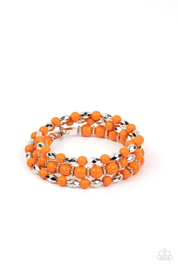Colorfully Coiled - Orange and Silver Bead Coil Bracelet
