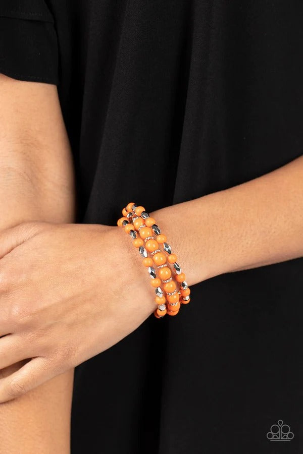 Colorfully Coiled - Orange and Silver Bead Coil Bracelet