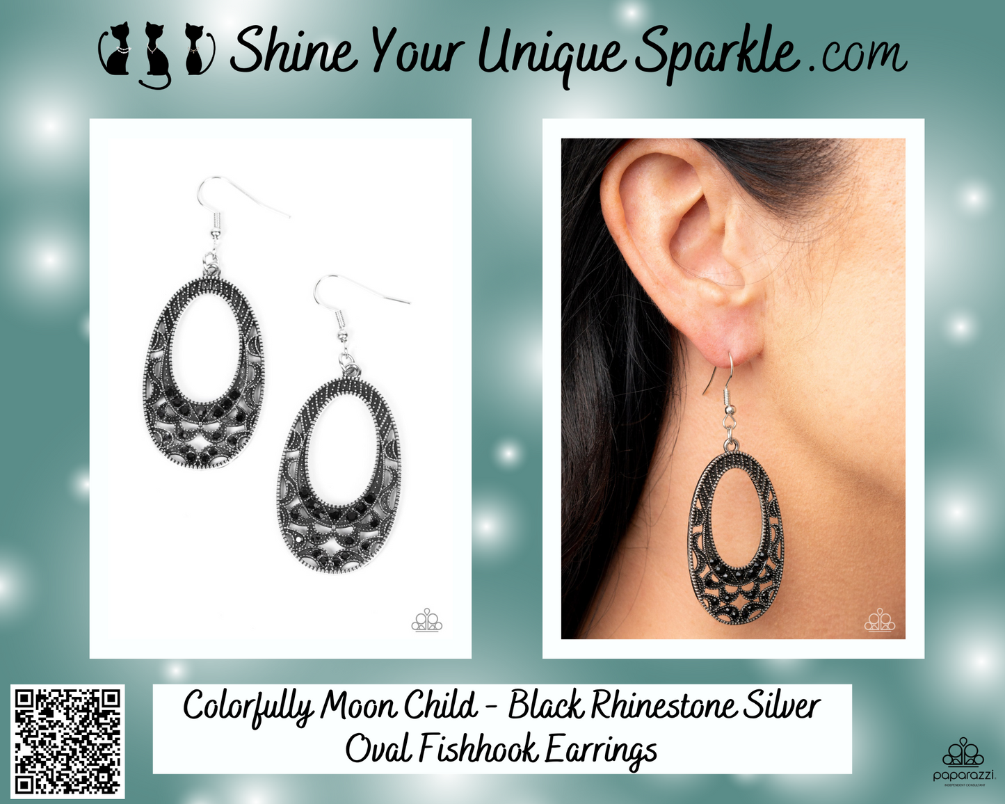 Colorfully Moon Child - Black Rhinestone Silver Oval Fishhook Earrings